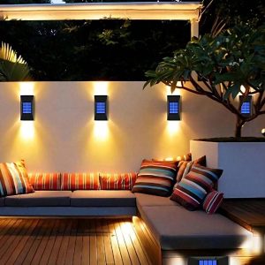 2pcs Led Solar Powered Wall Lamp, Waterproof Stair Shape Light With Up & Down Light Control Fence Lamp, For Outdoor Garden, Street, Balcony, Wall Decoration Halloween Christmas Thanksgiving Gift Yellow