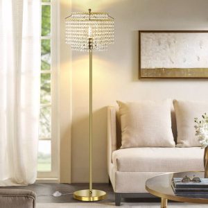 Crystal Floor Lamp, Elegant Standing Lamp With On-Off Foot Switch, Double-Layer Lampshade, Tall Standing Lamps For Living Room, Bedroom, Office, Room Decor,8W LED Bulb Included Gold