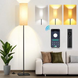 Floor Lamp With APP & Remote Control, Standing Lamp For Living Room Bedroom,Include 12W LED Bulb, Stepless Dimmable Minimalist  Tall Lamp For Reading Office, 800lm, Linen Shade US A Type Plug(110-127V)