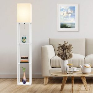 Column Floor Lamp With Shelves, Real Solid Wood And Bulb Included White