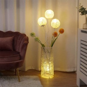 UNHO Led Floor Lamp Modern Rattan Standing Lamp For Living Room Bedroom With 4 Dimmable Bulbs And Rattan Balls Beige