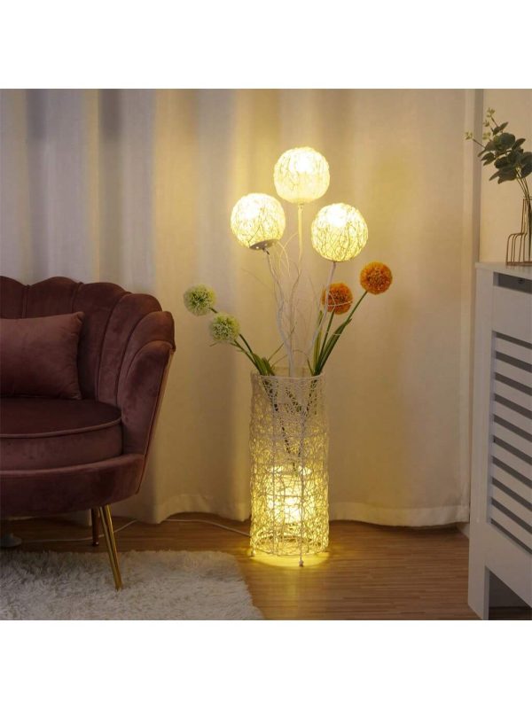 UNHO Led Floor Lamp Modern Rattan Standing Lamp For Living Room Bedroom With 4 Dimmable Bulbs And Rattan Balls Beige