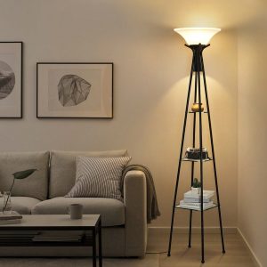 Floor Lamp With Shelves, Modern Shelf Floor Lamp With Triple Storing Space, Standing Tall Lamp With Frosted Glass Shade For Living Room, Bedroom, Office, Black Black