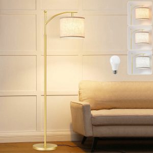 1-Pack Living Room Floor Lamp, 3 Color Temperatures, Bedroom, Office Floor Lamp With Linen Shade, LED Bulb Included - Gold With Beige Shade US B Type Plug(110-127V)