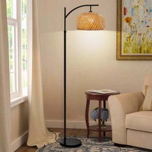 1 Pices Hooyi Boho Floor Lamp With Bamboo Rattan Shade,Arc Floor Lamp With 3 Color Temperatures,Foot Switch,Height Adjustable,Standing Lamps For Living Room, Bedroom, Office(Bulb Included) US A Type Plug(110-127V)