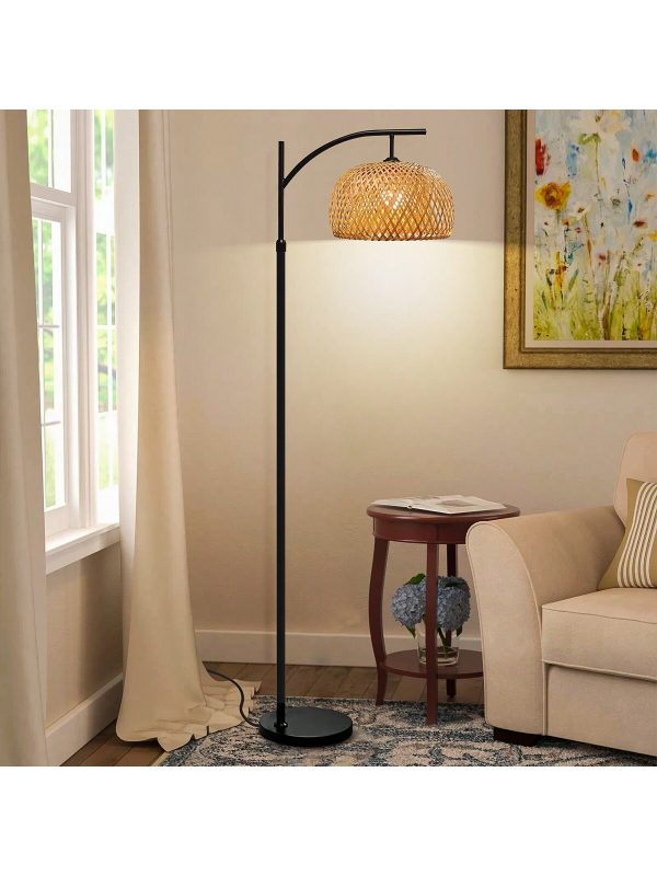 1 Pices Hooyi Boho Floor Lamp With Bamboo Rattan Shade,Arc Floor Lamp With 3 Color Temperatures,Foot Switch,Height Adjustable,Standing Lamps For Living Room, Bedroom, Office(Bulb Included) US A Type Plug(110-127V)